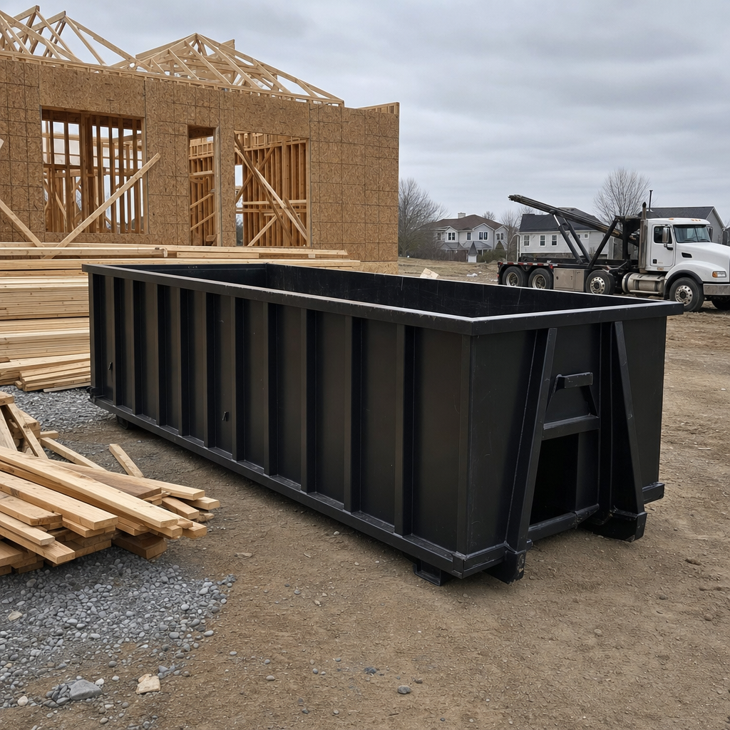 Matte-black 40-yard roll-off dumpster staged on a framed-out residential construction site in Asheville, framing lumber stacked nearby, hooklift delivery truck visible in the background under bright Colorado daylight