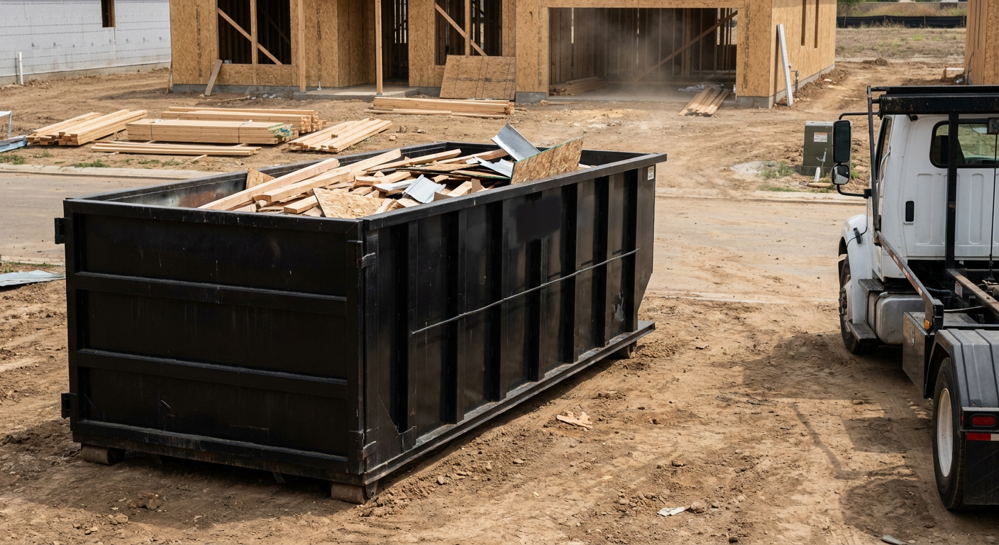 Matte-black 20-yard roll-off construction dumpster with heavy ribbed steel sidewalls and swing rear doors at a working jobsite in Asheville, sitting directly on compacted dirt with an unmarked white hauler partially visible at the far edge of the frame.
