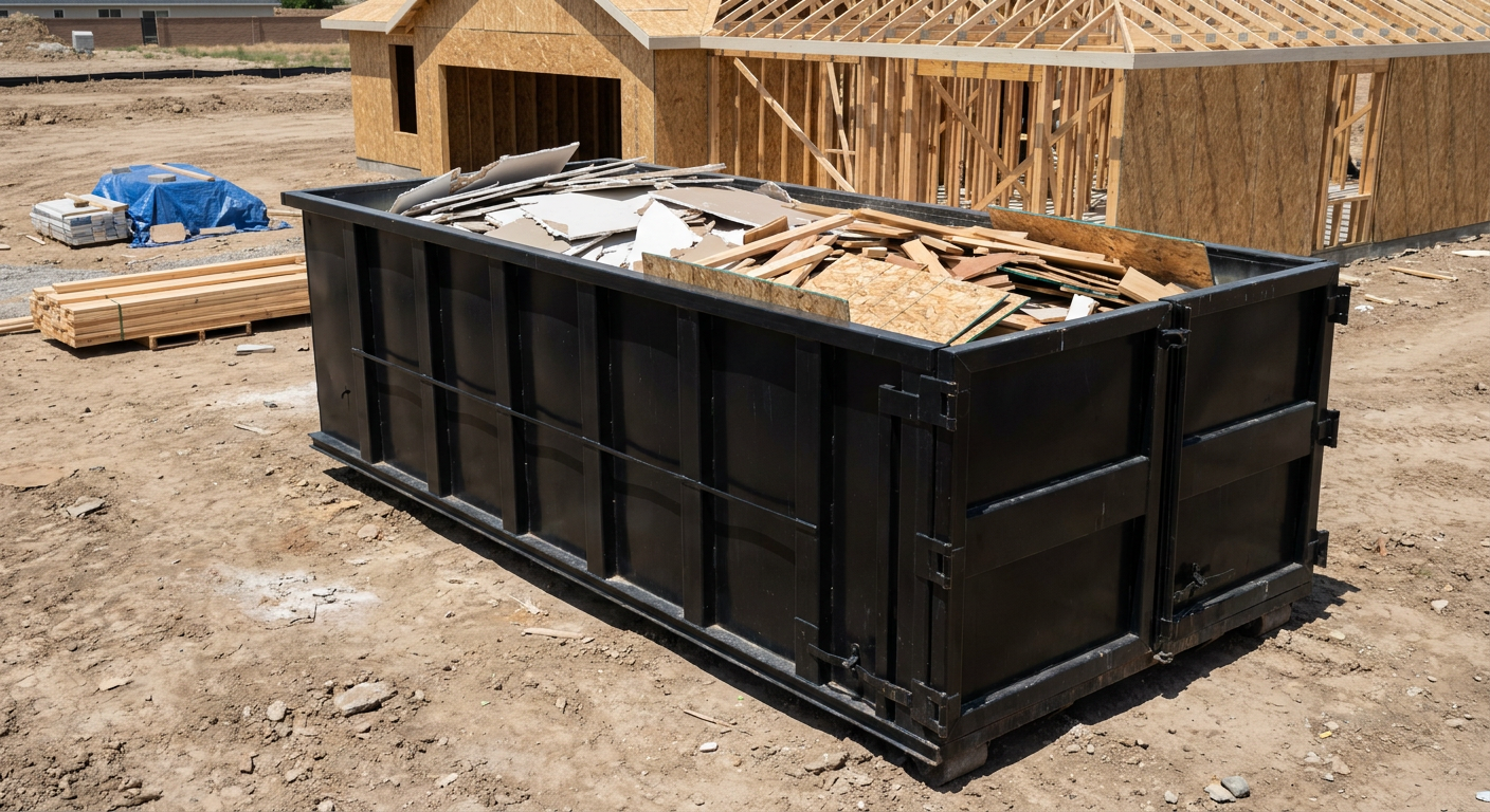 Matte-black 30-yard roll-off construction dumpster sitting directly on the compacted-dirt site of a framed single-family home build in Asheville, drywall and lumber scrap loaded inside.