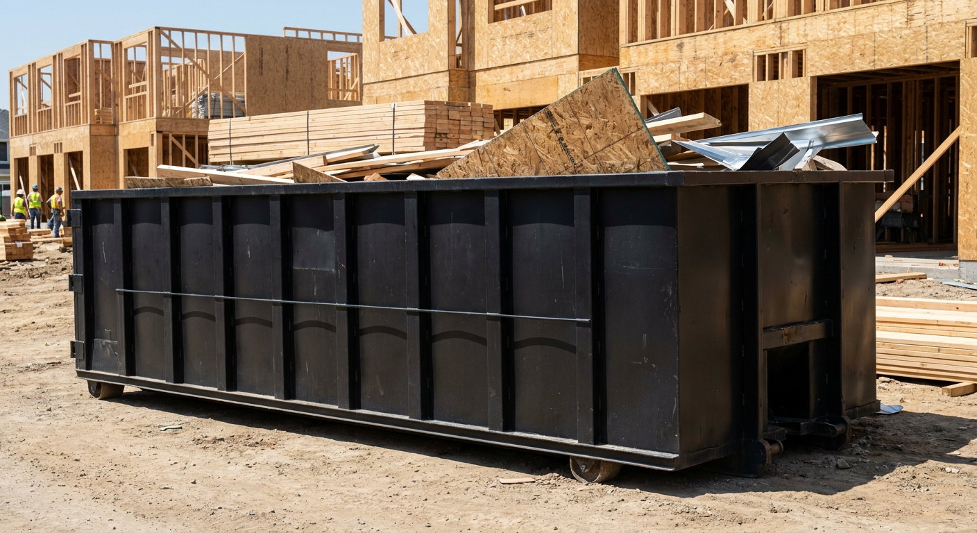 Matte-black 40-yard roll-off construction dumpster being lowered from a white-cab hooklift delivery truck onto the compacted-dirt jobsite at a commercial build site in Asheville
