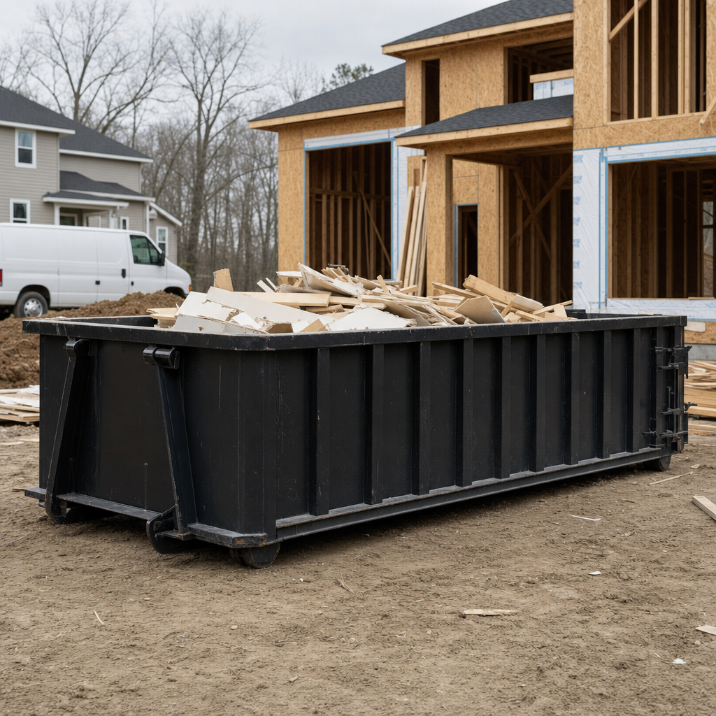 Worker in a yellow high-visibility vest tossing framing lumber and broken drywall into a matte-black 30-yard construction roll-off dumpster on an active build site in Asheville, bright daylight