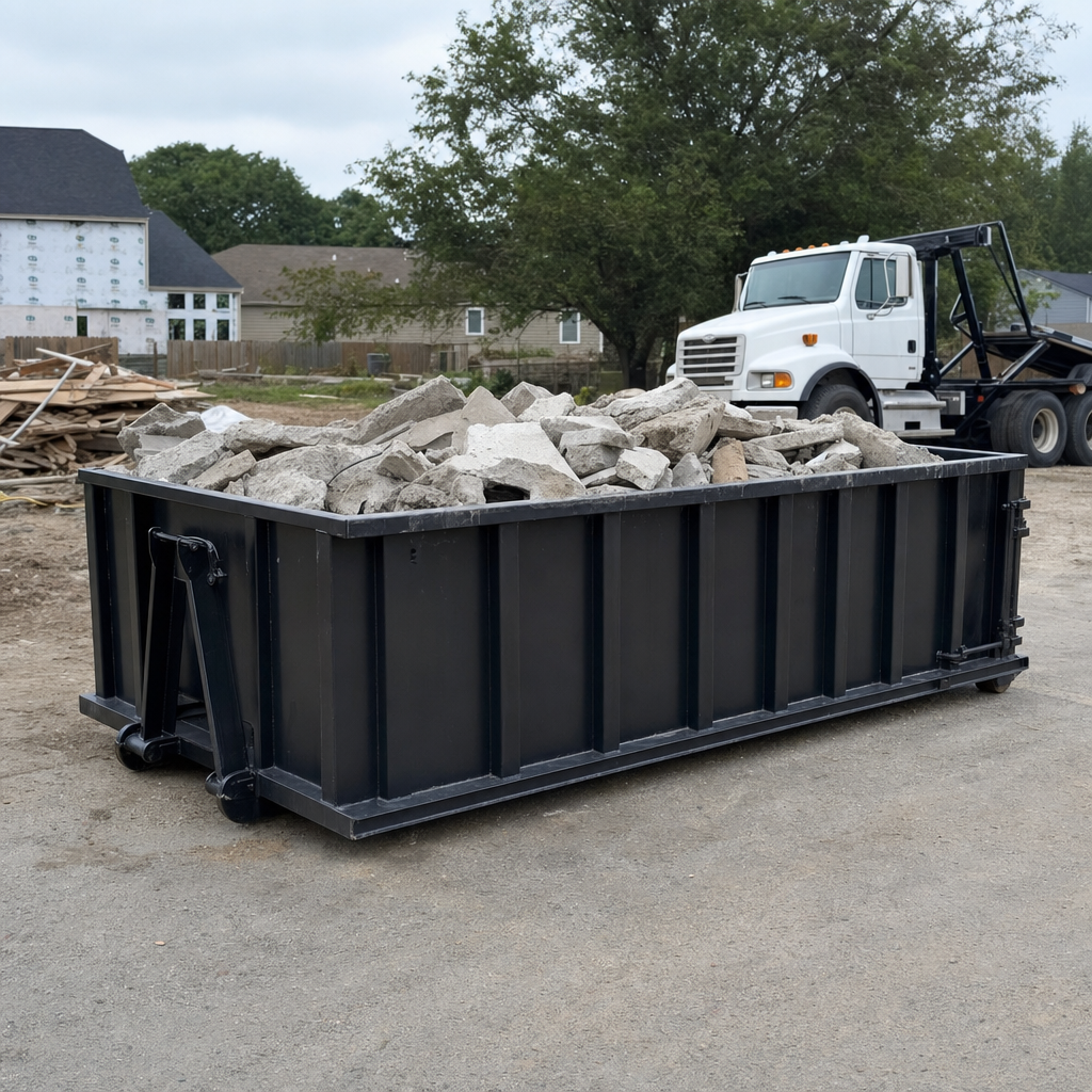 Low-profile matte-black lowboy roll-off dumpster loaded with broken concrete slab and rebar at a foundation tear-out in Asheville, skid steer parked beside it, sunny Colorado morning