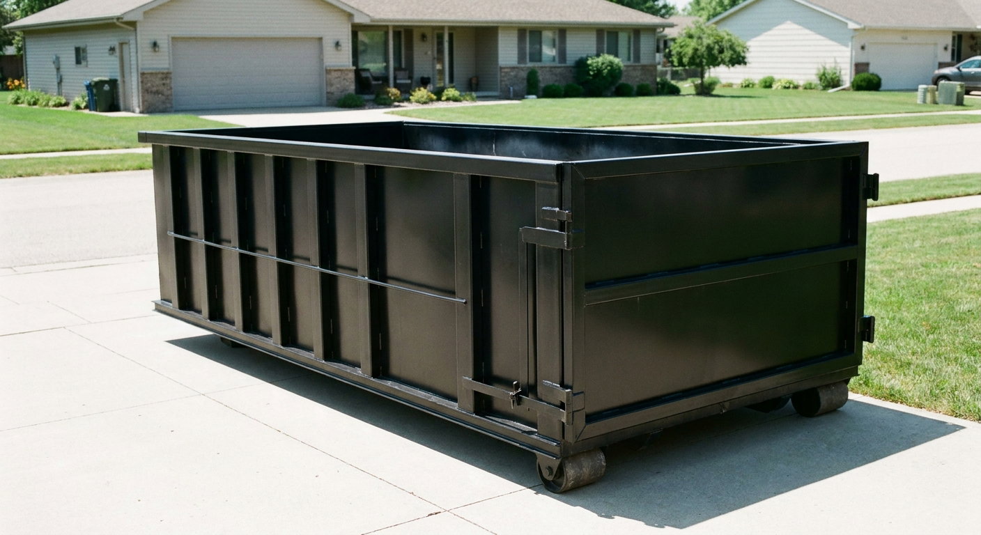 Matte-black 10-yard roll-off dumpster on a residential concrete driveway in Asheville, uniformly painted matte black across every panel and rail, ribbed steel sidewalls and rear swing door visible, mid-day daylight.