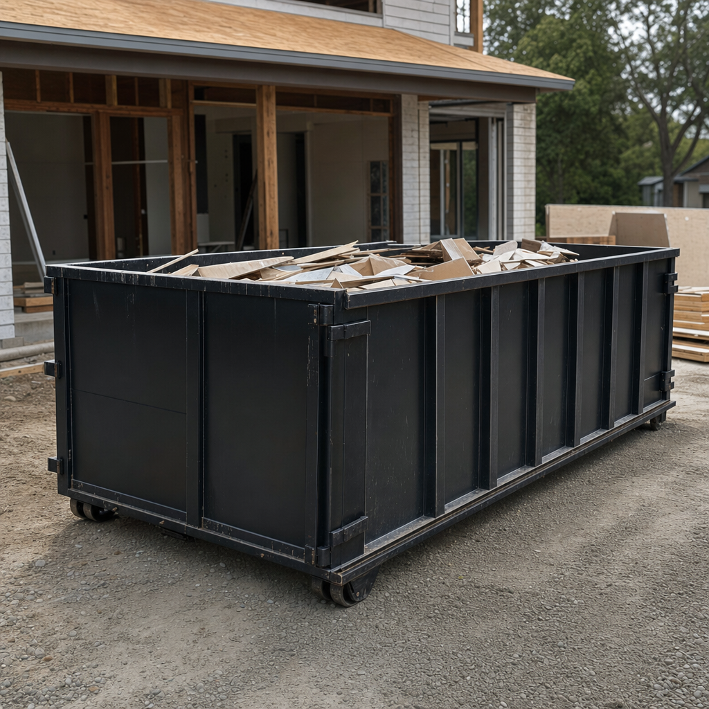 Large matte-black 30-yard construction roll-off dumpster at an active Asheville jobsite, steel-gray top rails and bottom rollers visible, loaded with construction debris.
