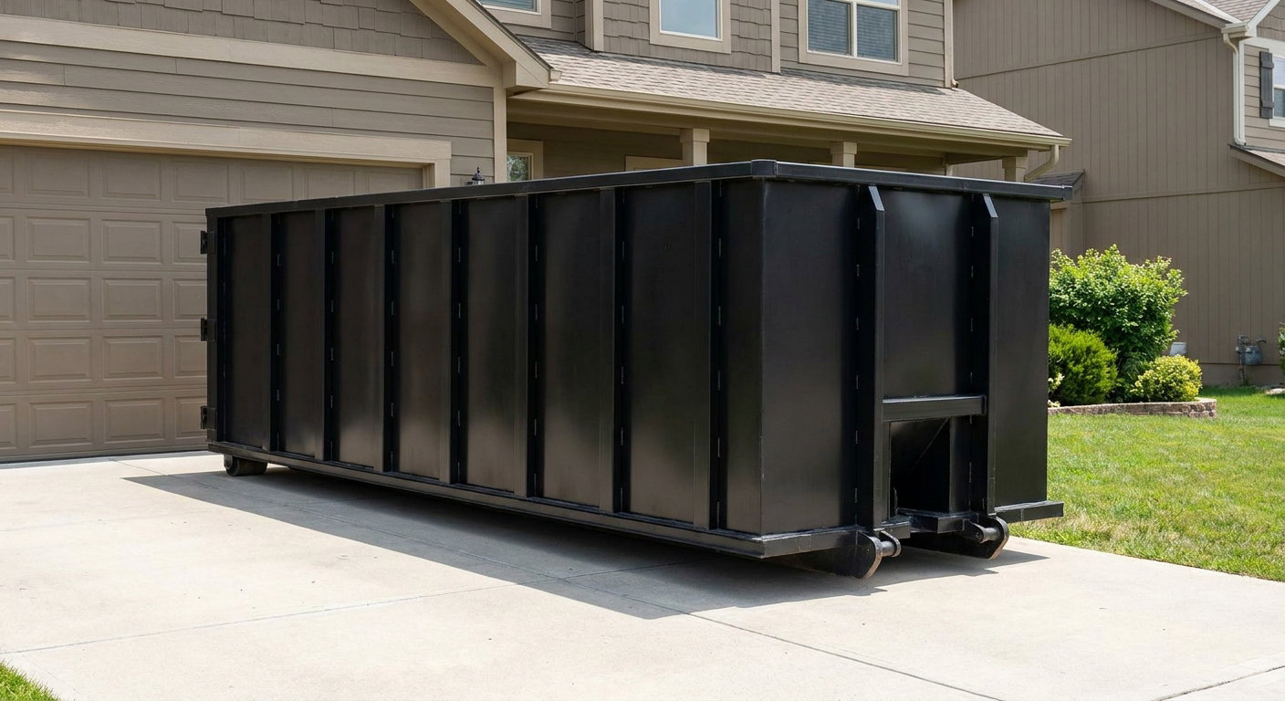 Matte-black residential roll-off dumpster sitting directly on a suburban Asheville concrete driveway, garage door closed, single-family home in background, bright morning daylight.