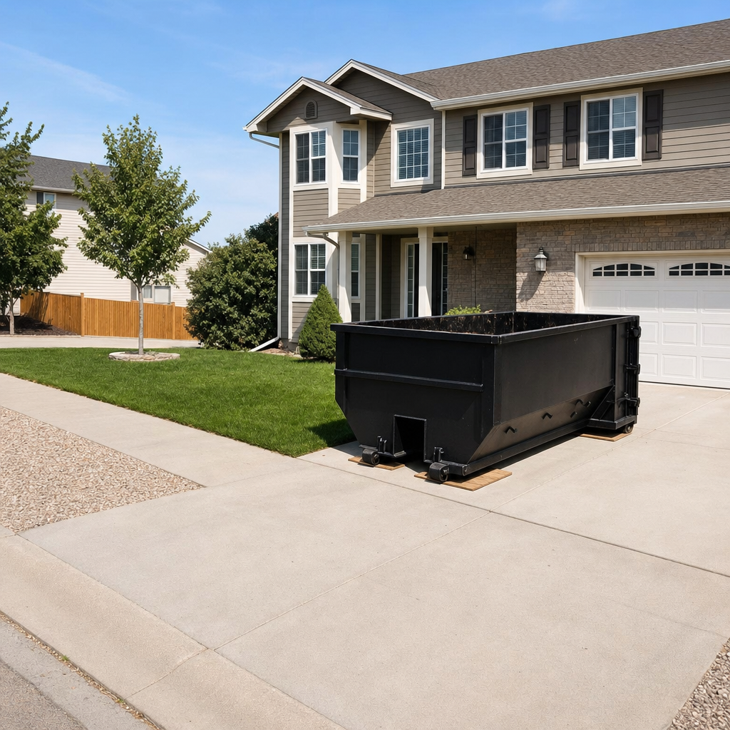 10-yard matte-black residential dumpster placed directly on a narrow Asheville concrete driveway, room remains for a parked sedan beside it, mid-morning natural light