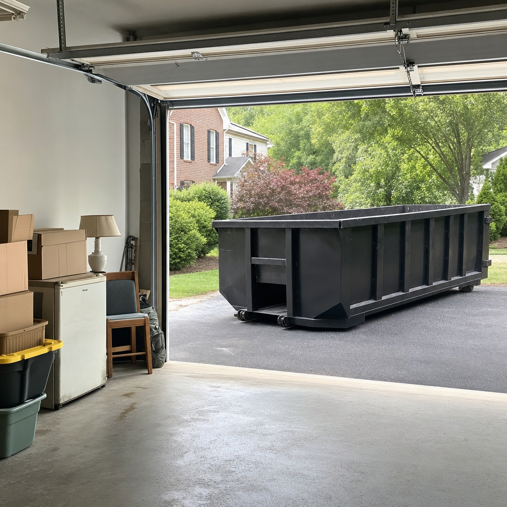 Open garage interior in a Asheville home mid-cleanout — boxed items, an old appliance, and stacked yard tools queued near the driveway for a matte-black roll-off dumpster, organized and calm