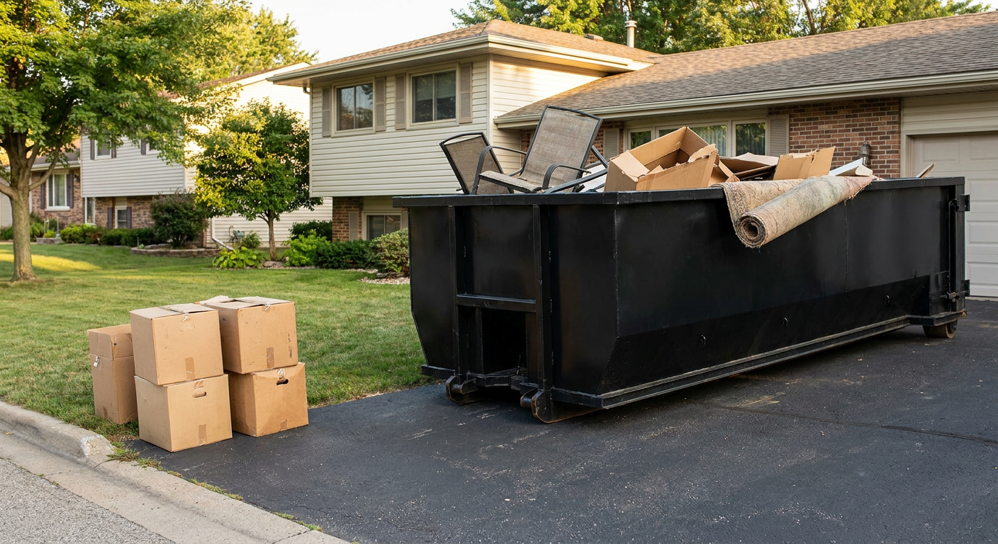 Front-yard view of a Asheville split-level home with a 20-yard matte-black roll-off dumpster sitting directly on the asphalt driveway, a few clearly labeled donation boxes staged at the curb, calm sunny afternoon.