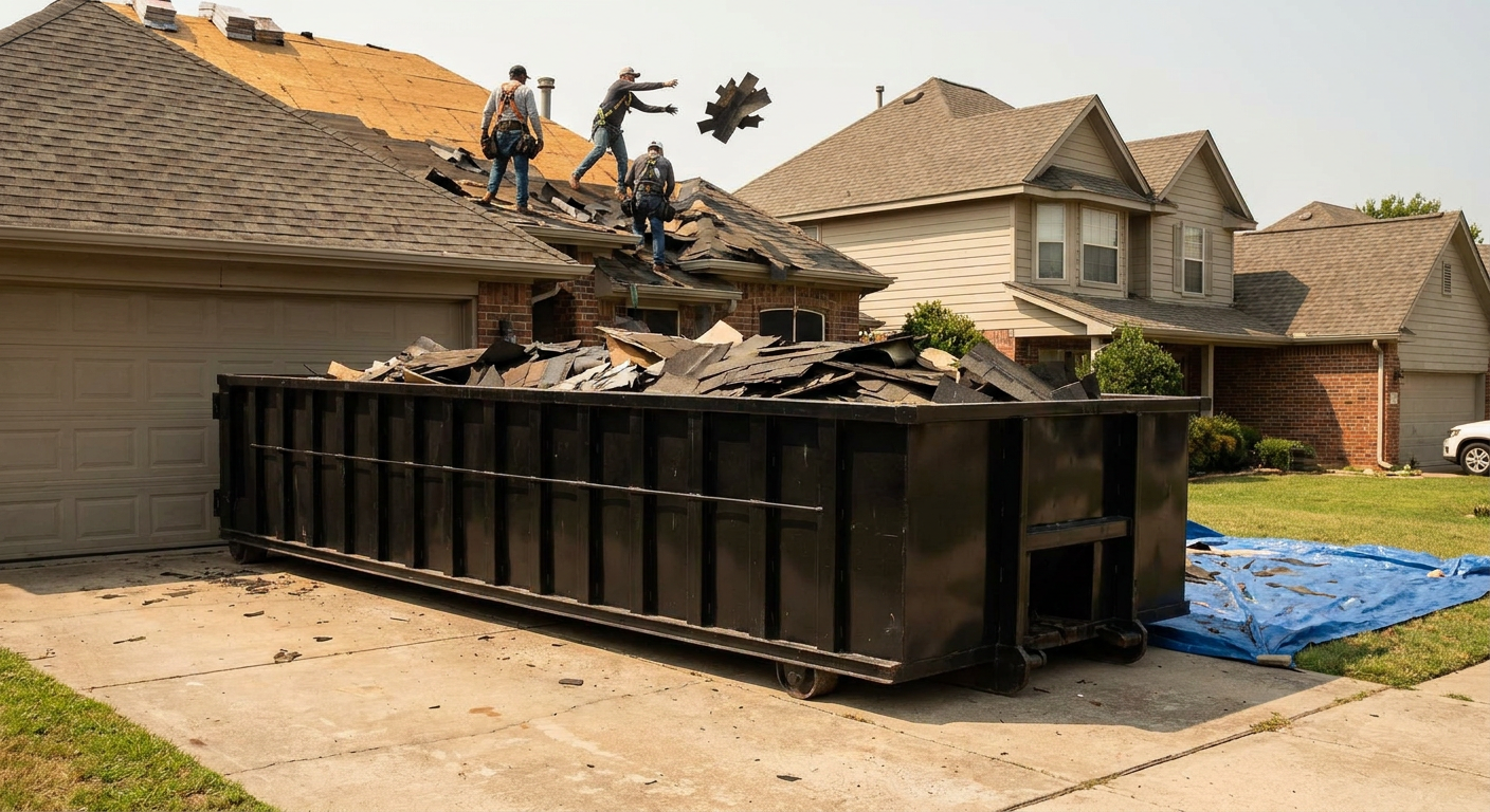 Matte-black roofing roll-off dumpster placed directly on a Asheville residential concrete driveway, a tear-off crew on a two-story asphalt-shingle roof tossing shingle bundles into the low-walled container, bright daylight, documentary 35mm perspective.