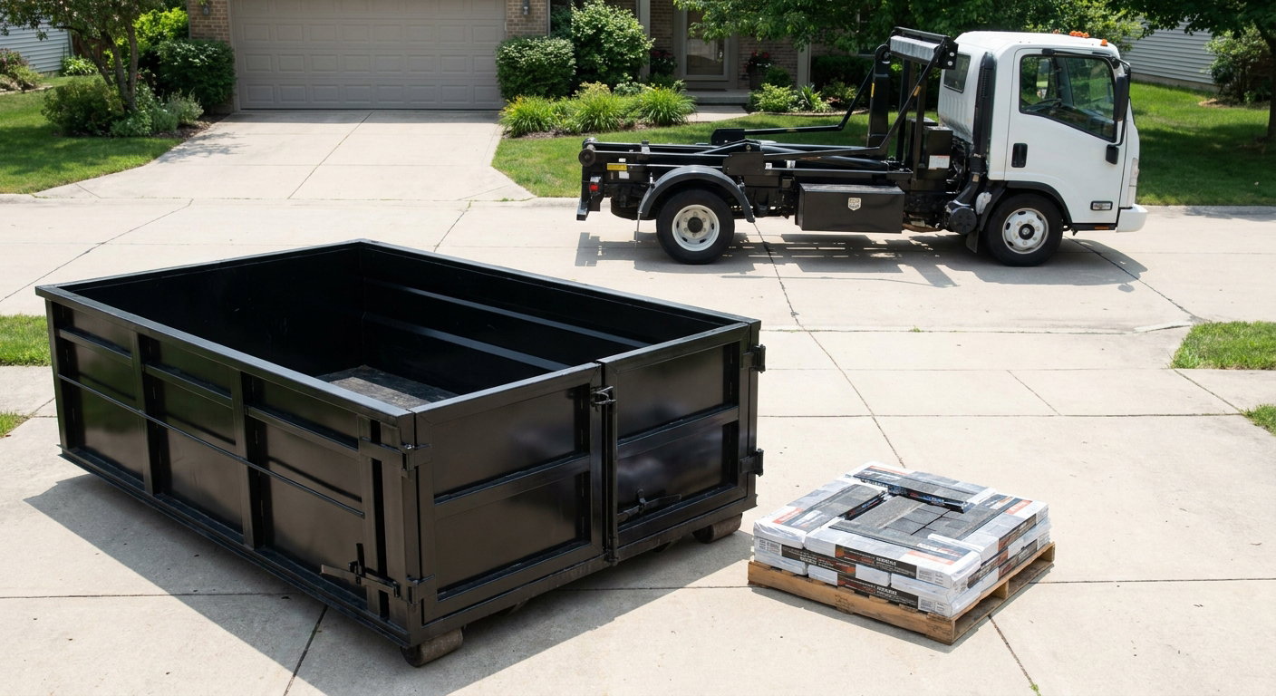 Matte-black 15-yard roofing roll-off dumpster with reinforced low side walls sitting directly on a Asheville residential concrete driveway, three-tab asphalt shingle bundles stacked nearby, an unmarked white hauler truck partially visible at the edge of the frame.