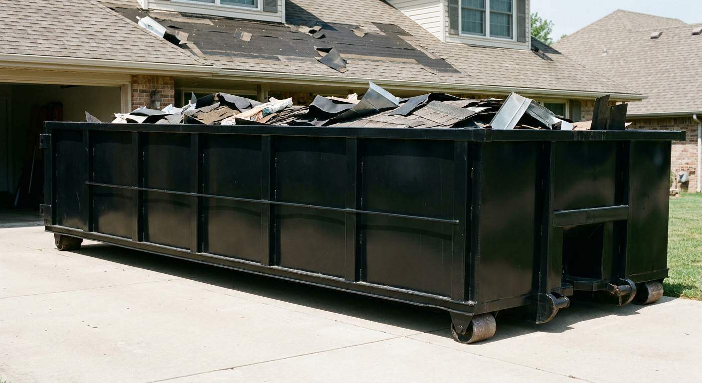 Matte-black 20-yard roofing roll-off dumpster with steel ribbed sides and swinging rear door, sitting directly on the concrete driveway of a two-story Asheville home, asphalt shingle debris being loaded over the low wall, clean documentary lighting.
