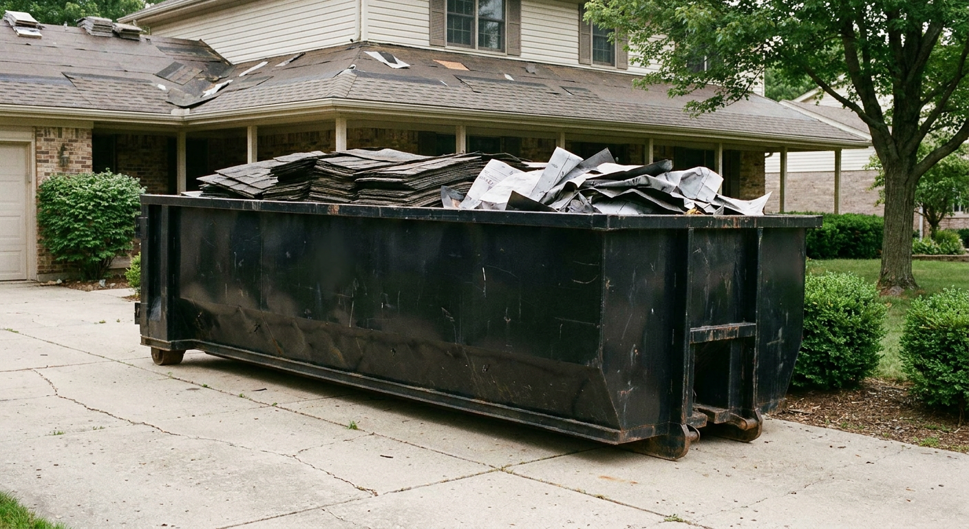 Matte-black 30-yard roofing roll-off dumpster sitting directly on a Asheville concrete driveway, taller ribbed steel side panels, mixed tear-off debris of asphalt shingles and underlayment inside, professional documentary daylight.