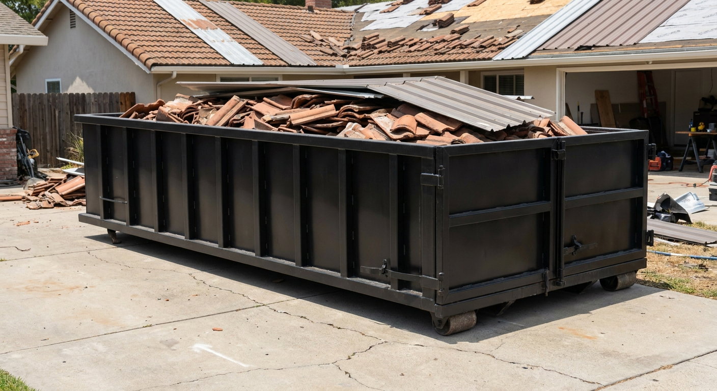 Matte-black low-wall heavy-debris roofing roll-off dumpster sitting directly on a Asheville concrete driveway, broken concrete clay roof tiles and metal panel sections loaded inside, reinforced ribbed steel side walls visible, bright outdoor daylight.