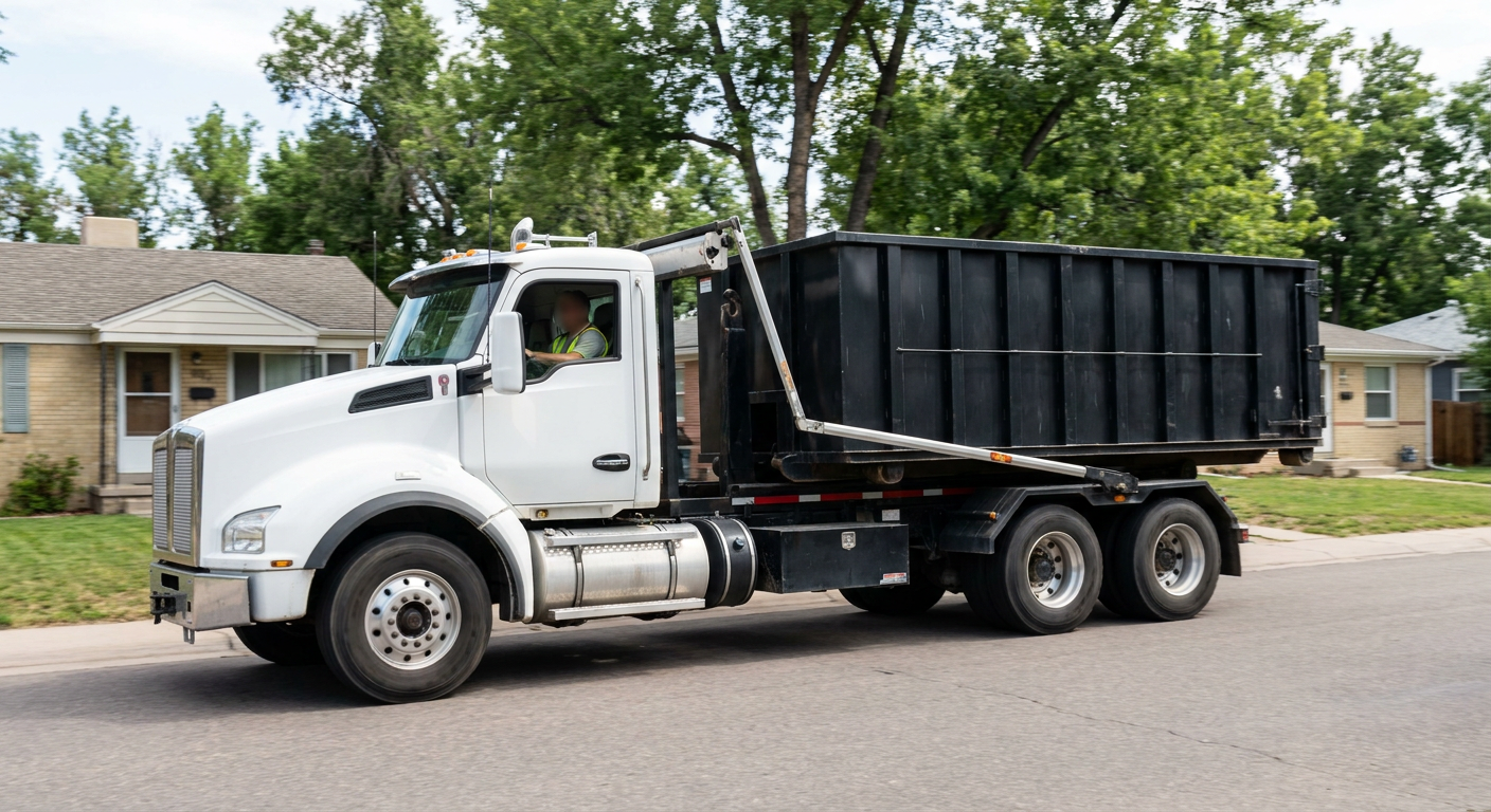 A wide documentary shot of a matte-black roll-off delivery truck pulling onto a quiet Asheville residential street at mid-morning, with neighborhood rooftops and tree-lined blocks visible behind, showing the metro coverage footprint.