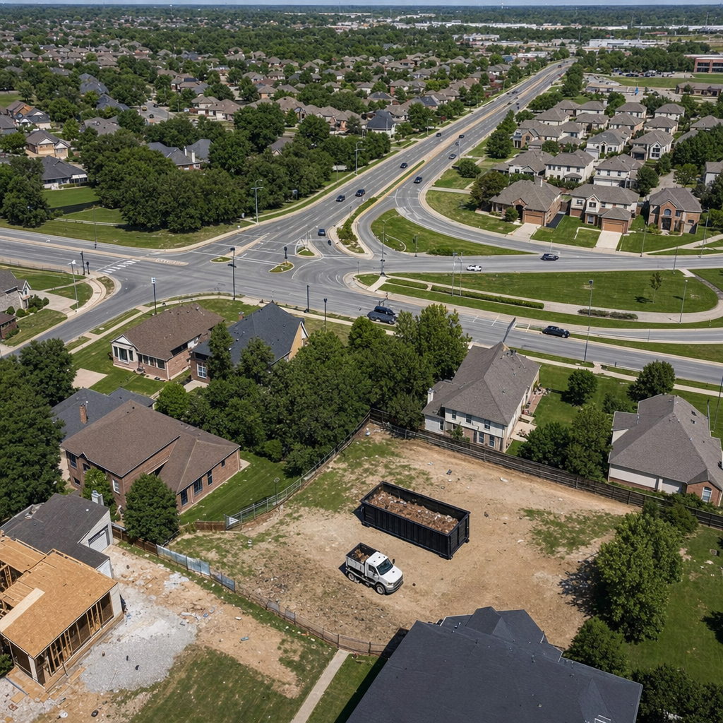 An overhead documentary view of the Asheville metro area at midday, showing the spread of neighborhoods, arterial roads, and the dispatch radius from a central yard — clean daylight, organized geographic layout.