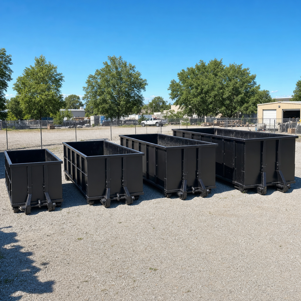 A clean lineup of matte-black roll-off dumpsters in 10, 20, 30, and 40-yard sizes staged on a sunlit gravel yard in Asheville, showing the size progression from compact to commercial-scale containers.