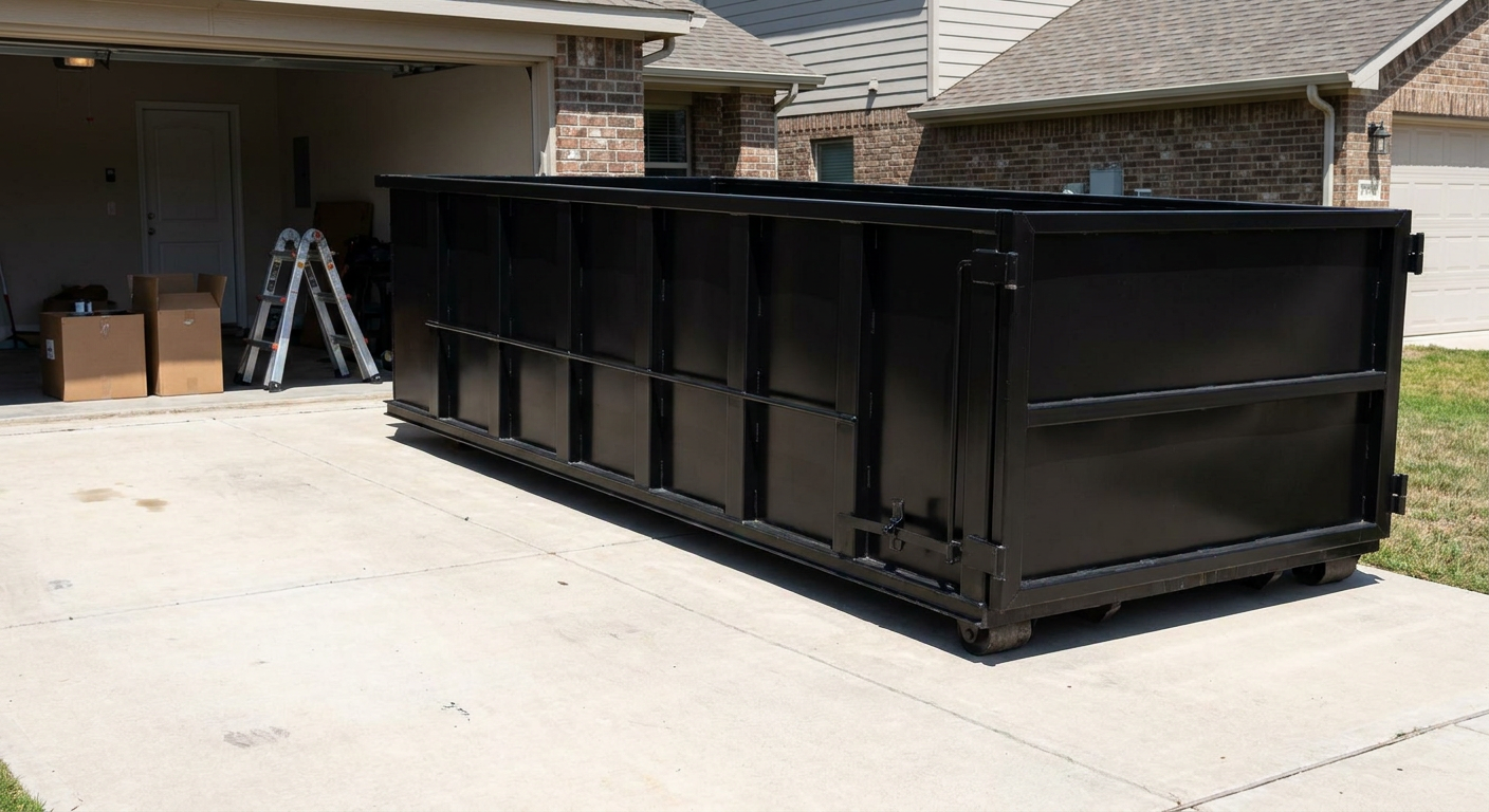 A matte-black 10-yard roll-off dumpster sitting directly on a residential Asheville concrete driveway, mid-day sunlight, clean and ready for a garage cleanout.