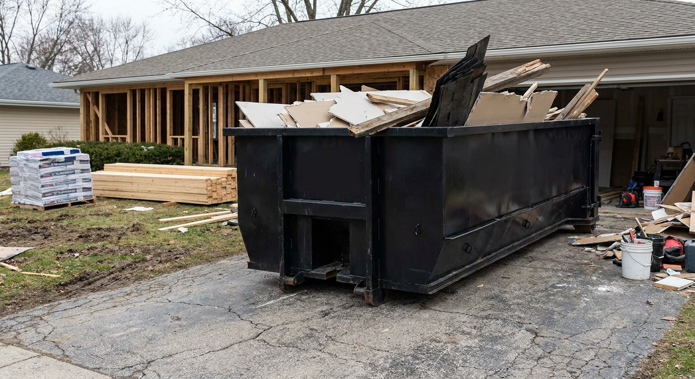 A matte-black 20-yard roll-off dumpster placed alongside a mid-renovation Asheville home directly on the asphalt driveway, with framing materials and torn-off shingles staged neatly nearby.