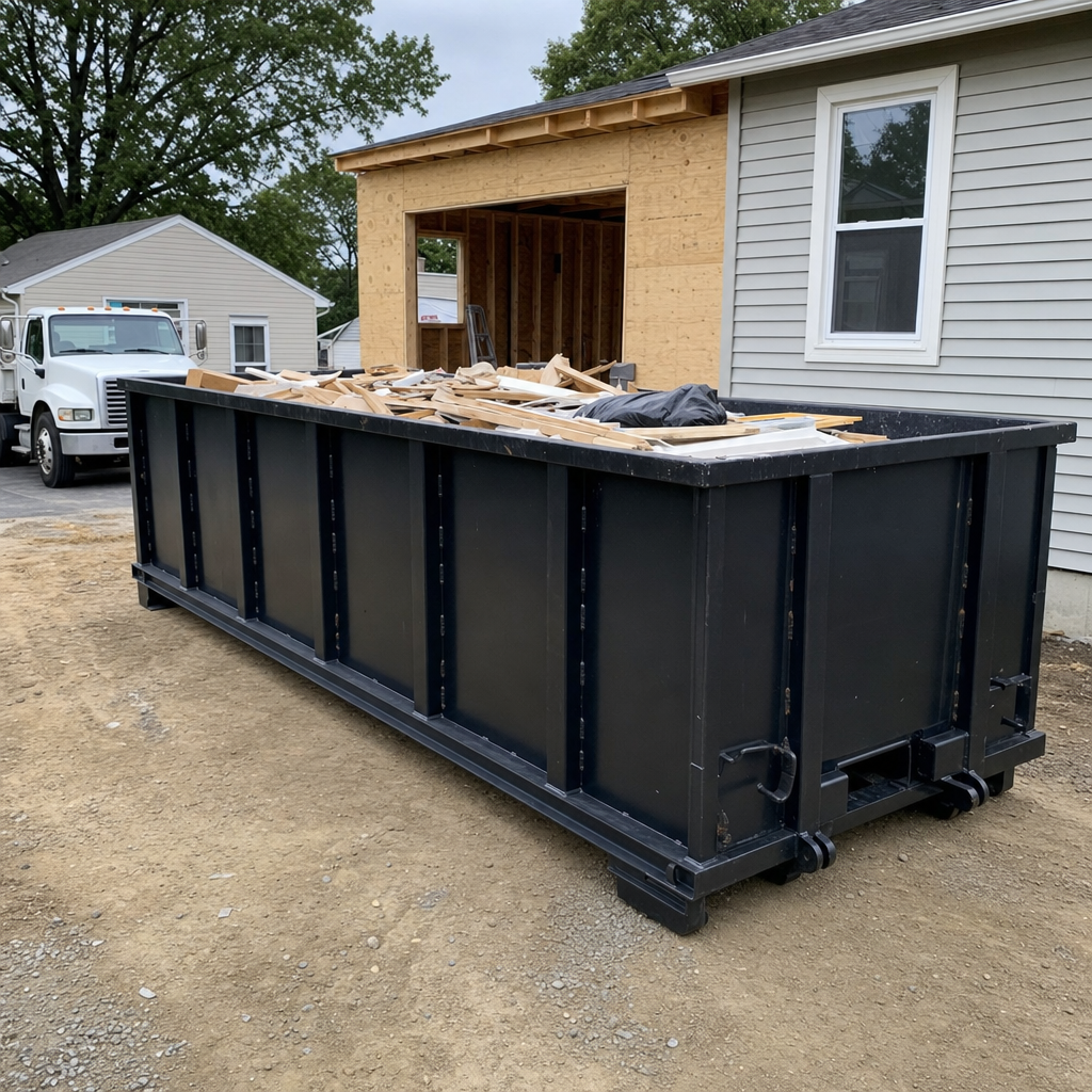 A matte-black 30-yard roll-off dumpster positioned at a Asheville residential addition jobsite, with framing lumber and drywall scraps loaded through the open swinging rear doors.