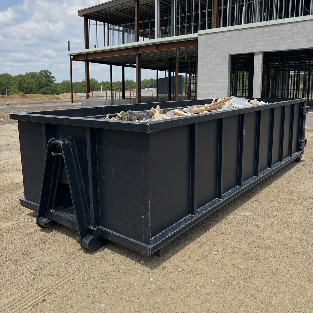 A matte-black 40-yard roll-off dumpster staged on a large Asheville commercial construction lot, with a hooklift delivery truck parked alongside under bright midday sky.