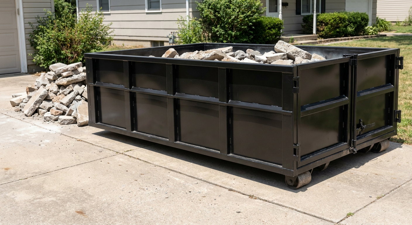 A matte-black low-side heavy-debris roll-off dumpster placed directly on a Asheville concrete driveway, with broken concrete chunks neatly stacked beside it under clean daylight.